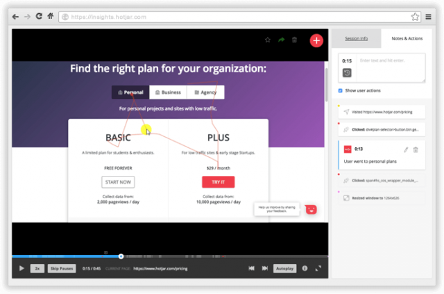 HotJar Visitor Recording Example screenshot